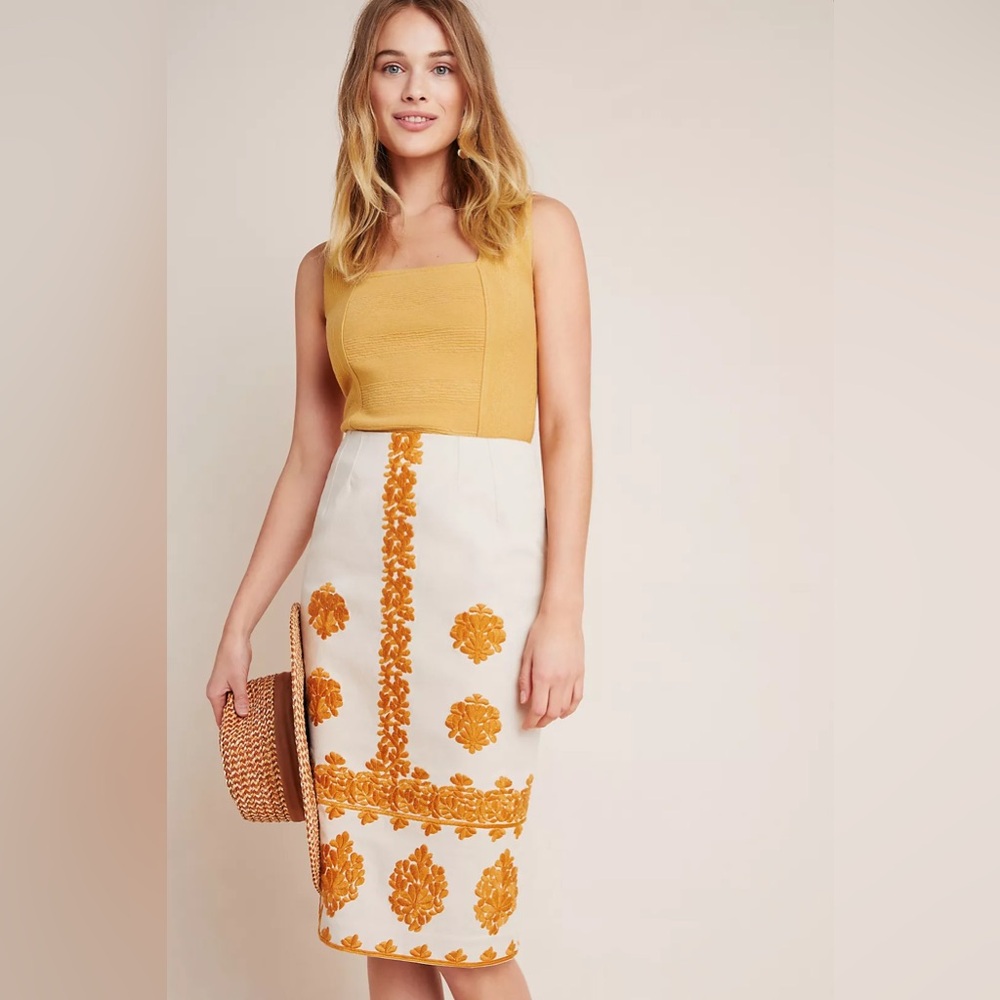Embroidered Anthropologie Verona Khaki Pencil Skirt - NWT